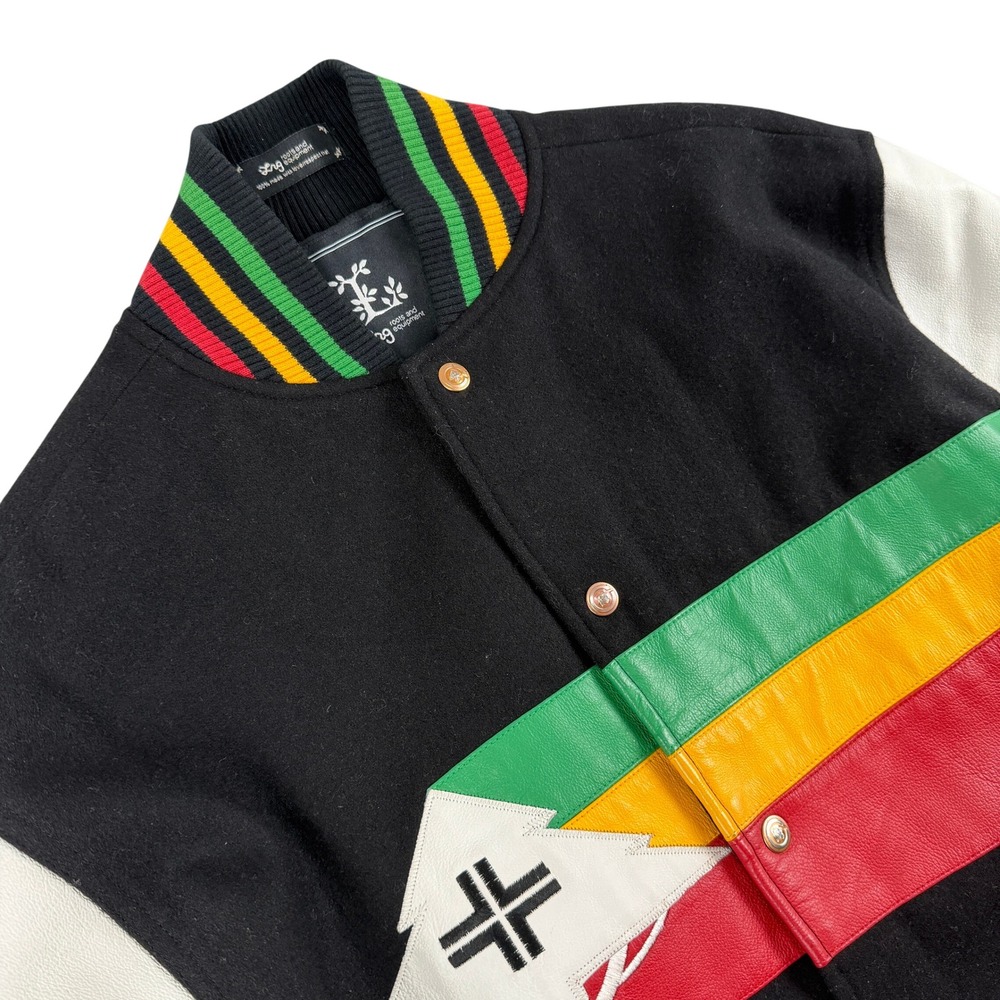 LRG Lifted Research Group Varsity Jacket Mens L Black Colorblock Wool Leather